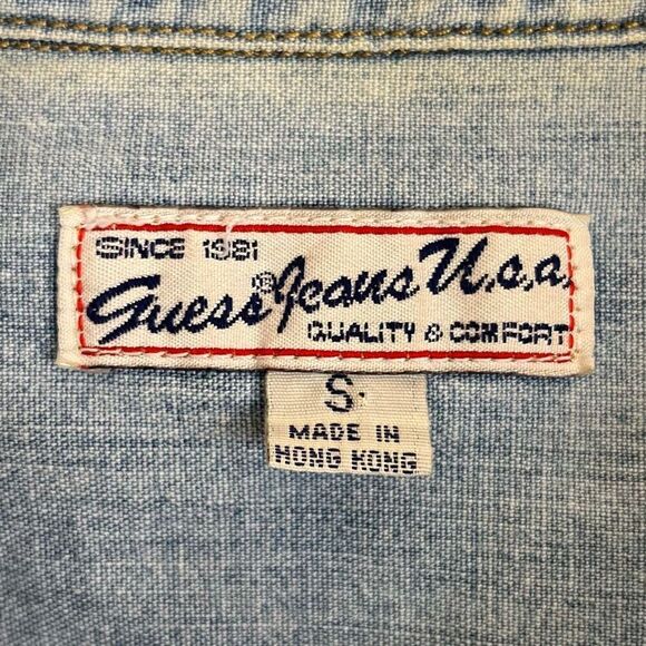 GUESS Vintage Y2K Denim Shirt Womens Small Slim Fit Chambray Western Light Wash - Picture 5 of 11